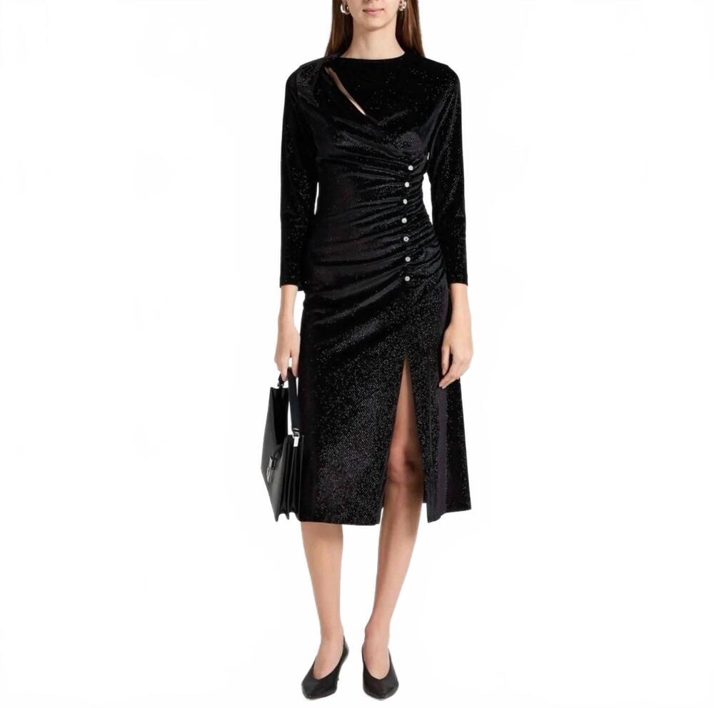 NEW SANDRO crystal-embellished ruched velvet midi dress in black
